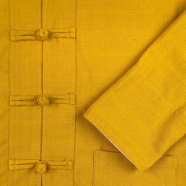 Unisex yellow ribbed cotton mandarin jacket cuff folded down