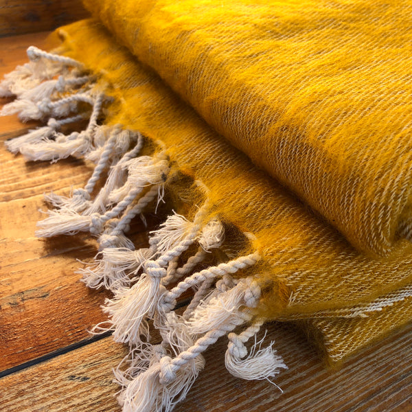 Handmade Nepalese 'Yak Wool' Shawl Mustard Yellow Oversized Scarf / Yoga Blanket - folded