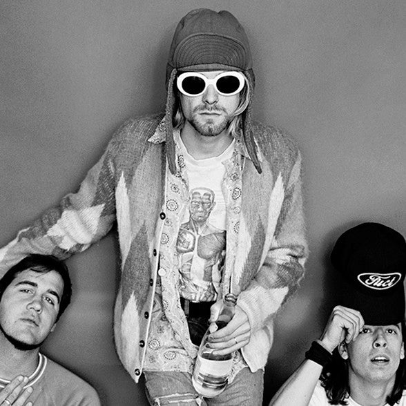Nirvana: Krist Novoselic, Kurt Cobain in his white sunglasses and Dave Grohl
