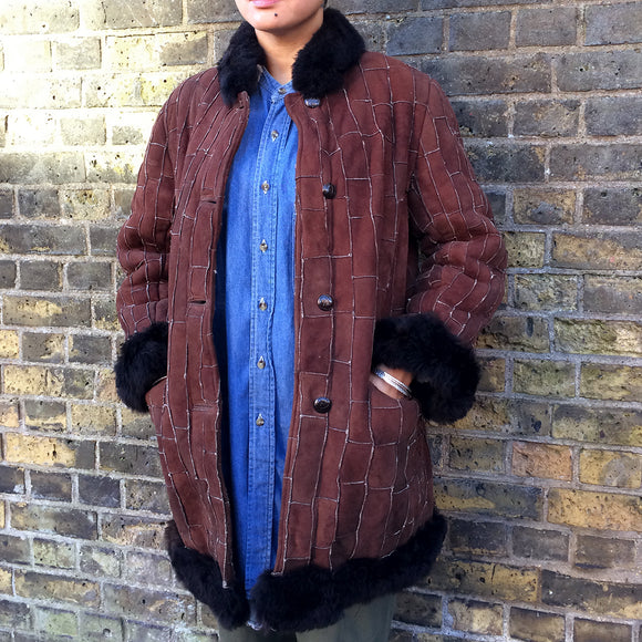 Vintage Shearling Coat 70s Sheepskin Patchwork Fur-lined Womens Coat Size - front