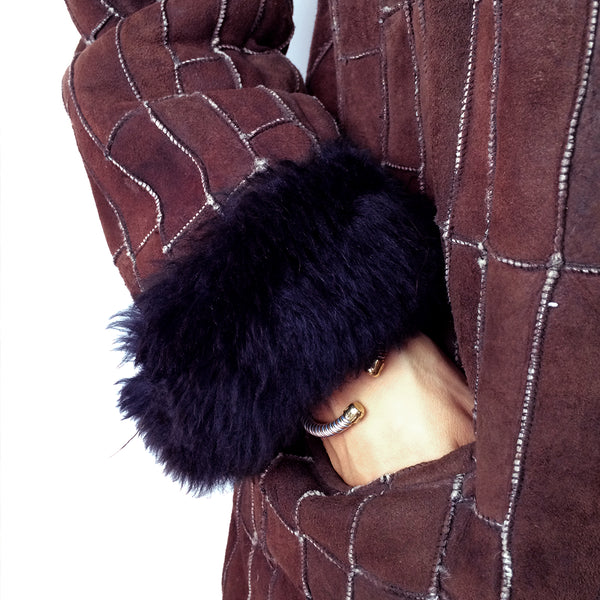 Vintage Shearling Coat 70s Sheepskin Patchwork Fur-lined Womens Coat Size - pocket & cuff