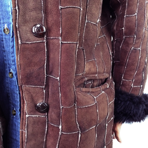 Vintage Shearling Coat 70s Sheepskin Patchwork Fur-lined Womens Coat Size - pocket