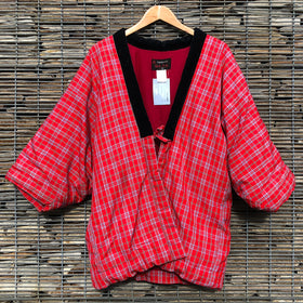 Vintage Kimono Hanten Red Plaid Tartan Padded Quilted Winter Kimono Jacket - Front