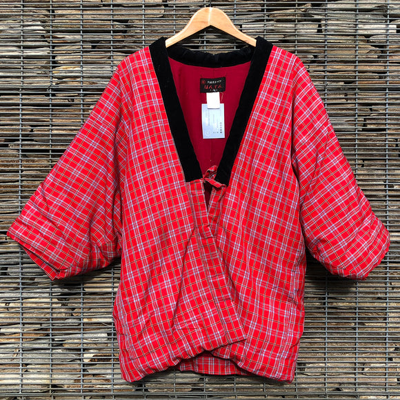 Vintage Kimono Hanten Red Plaid Tartan Padded Quilted Winter Kimono Jacket - Front