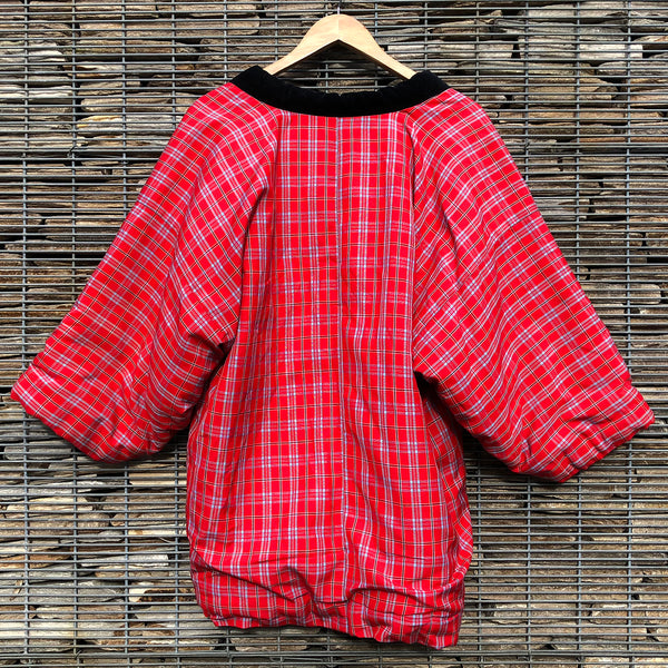 Vintage Kimono Hanten Red Plaid Tartan Padded Quilted Winter Kimono Jacket - Back