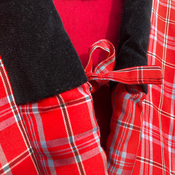 Vintage Kimono Hanten Red Plaid Tartan Padded Quilted Winter Kimono Jacket - Collar & Tie Detail
