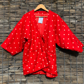 Vintage Kimono Hanten Red Fleece Padded Quilted Kimono Jacket - Front