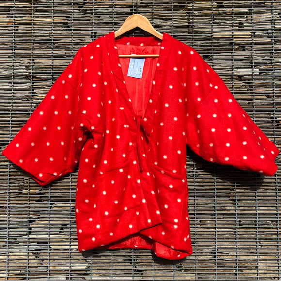 Vintage Kimono Hanten Red Fleece Padded Quilted Kimono Jacket - Front