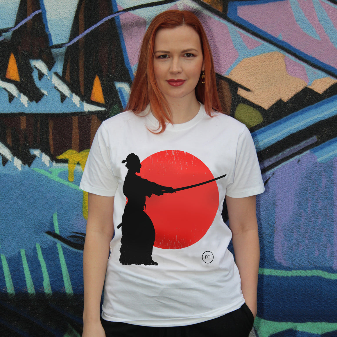 Mero Retro Samurai Sunset Fairtrade organic cotton T-shirt design - samurai silhouette against fiery sunset