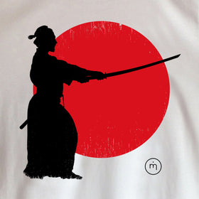 Mero Retro Samurai Sunset Fairtrade organic cotton T-shirt design - samurai silhouette against fiery sunset