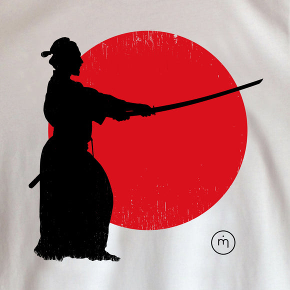 Mero Retro Samurai Sunset Fairtrade organic cotton T-shirt design - samurai silhouette against fiery sunset