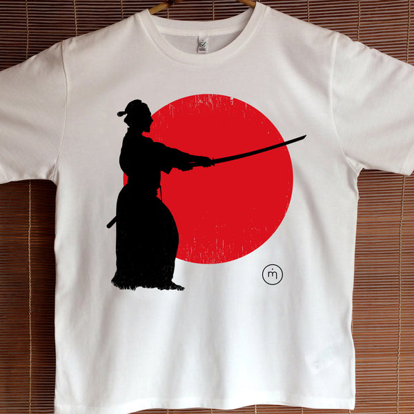 Mero Retro Samurai Sunset Fairtrade organic cotton T-shirt design - samurai silhouette against fiery sunset