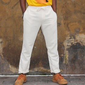 Unisex Ribbed Cotton Shing Mai Trousers Beige front, on model