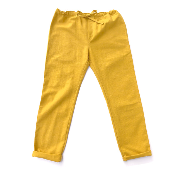 Unisex Ribbed Cotton Shing Mai Trousers Yellow front tied