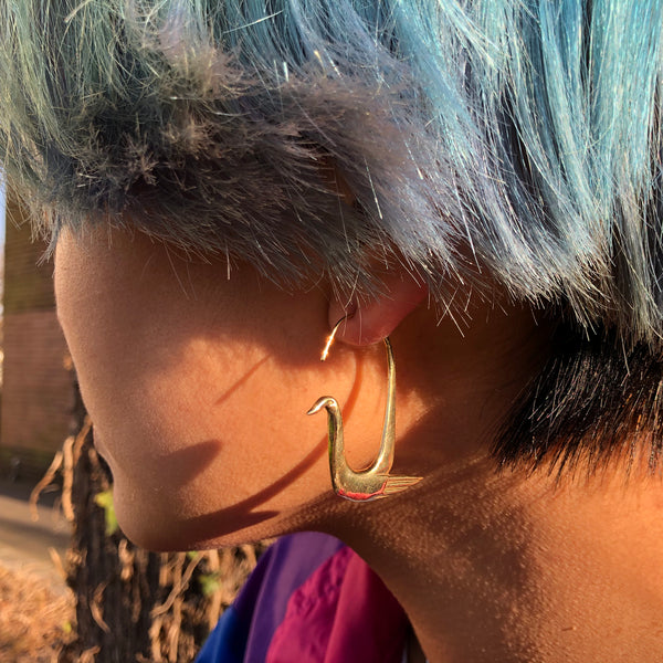 Fair trade handmade Indian brass swan earrings flat