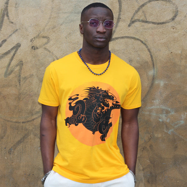 Fairtrade Unisex Organic Cotton Bhutanese Thunder Dragon T-shirt Yellow Gold