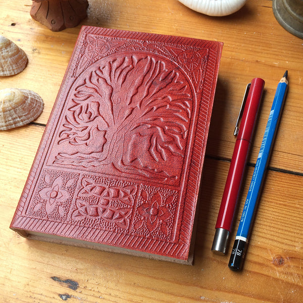 Fairtrade Leather Notebook with embossed Tree of Life design / Handmade Indian Leather Diary / Sketchbook / Journal - on desk with pens