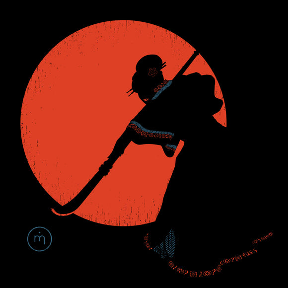 Mero Retro Warrior Geisha Fairtrade organic cotton T-shirt design: female samurai with naginata