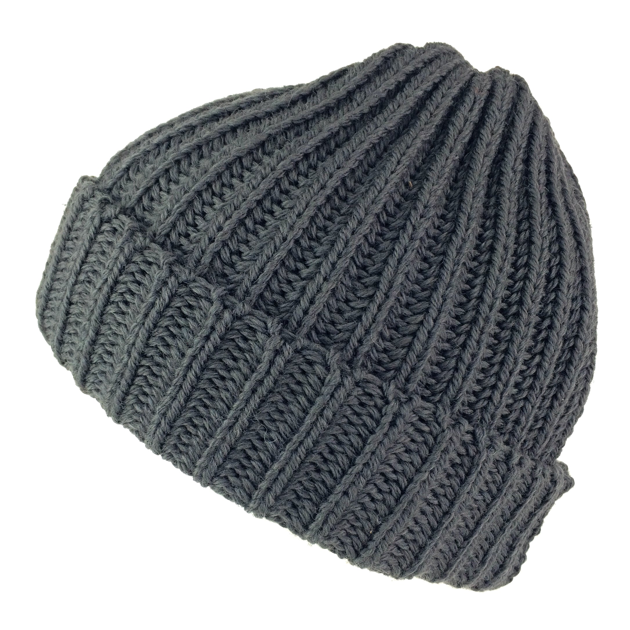 Wool Beanie Highland 2000 Fisherman's Hat Merino Wool Chunky Knit Black, Grey Blue Bobcap