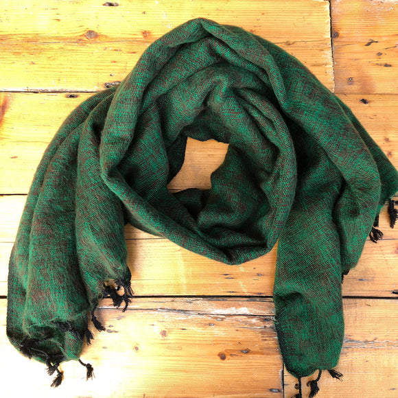 Handmade Nepalese 'Yak Wool' Shawl Deep Forest Green-Brown Oversized Scarf / Yoga Blanket - Wrapped in loop