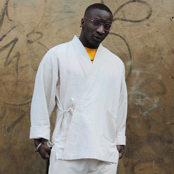 Unisex beige ribbed cotton Samue Kimono Jacket - front