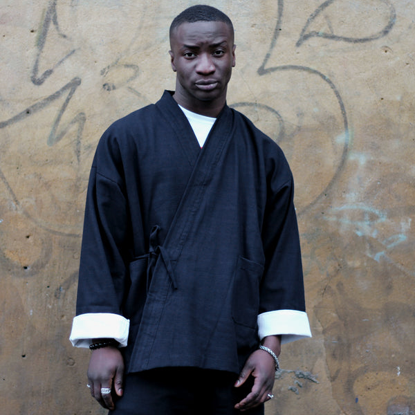 Unisex black ribbed cotton Samue Kimono Jacket - front