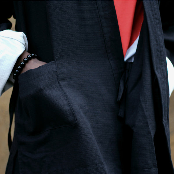 Unisex black ribbed cotton Samue Kimono Jacket - pockets detail