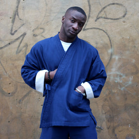 Unisex navy blue ribbed cotton Samue Kimono Jacket - front