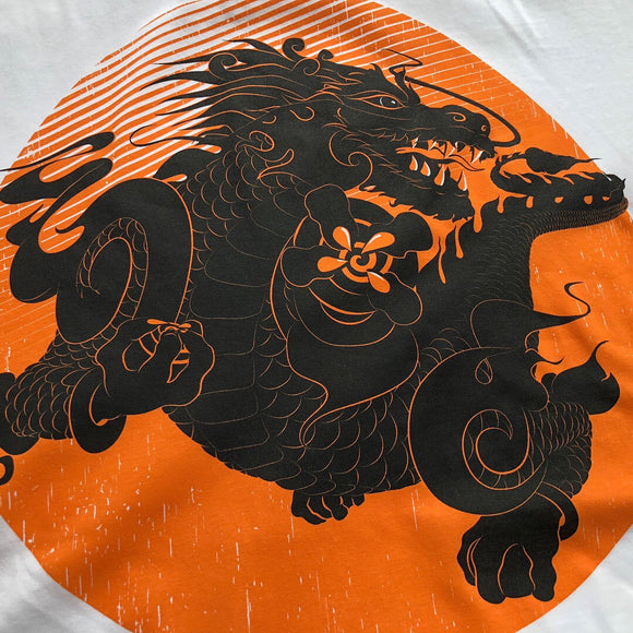Bhutanese Thunder Dragon fairtrade, organic cotton t-shirt - white - design detail