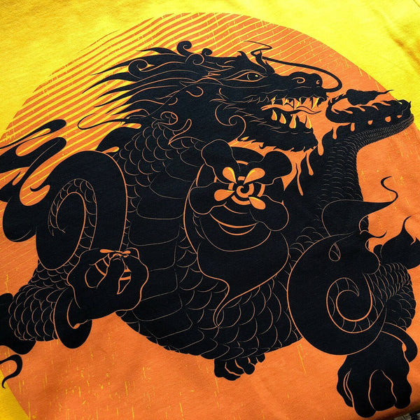 Bhutanese Thunder Dragon fairtrade, organic cotton t-shirt - yellow / gold - design detail